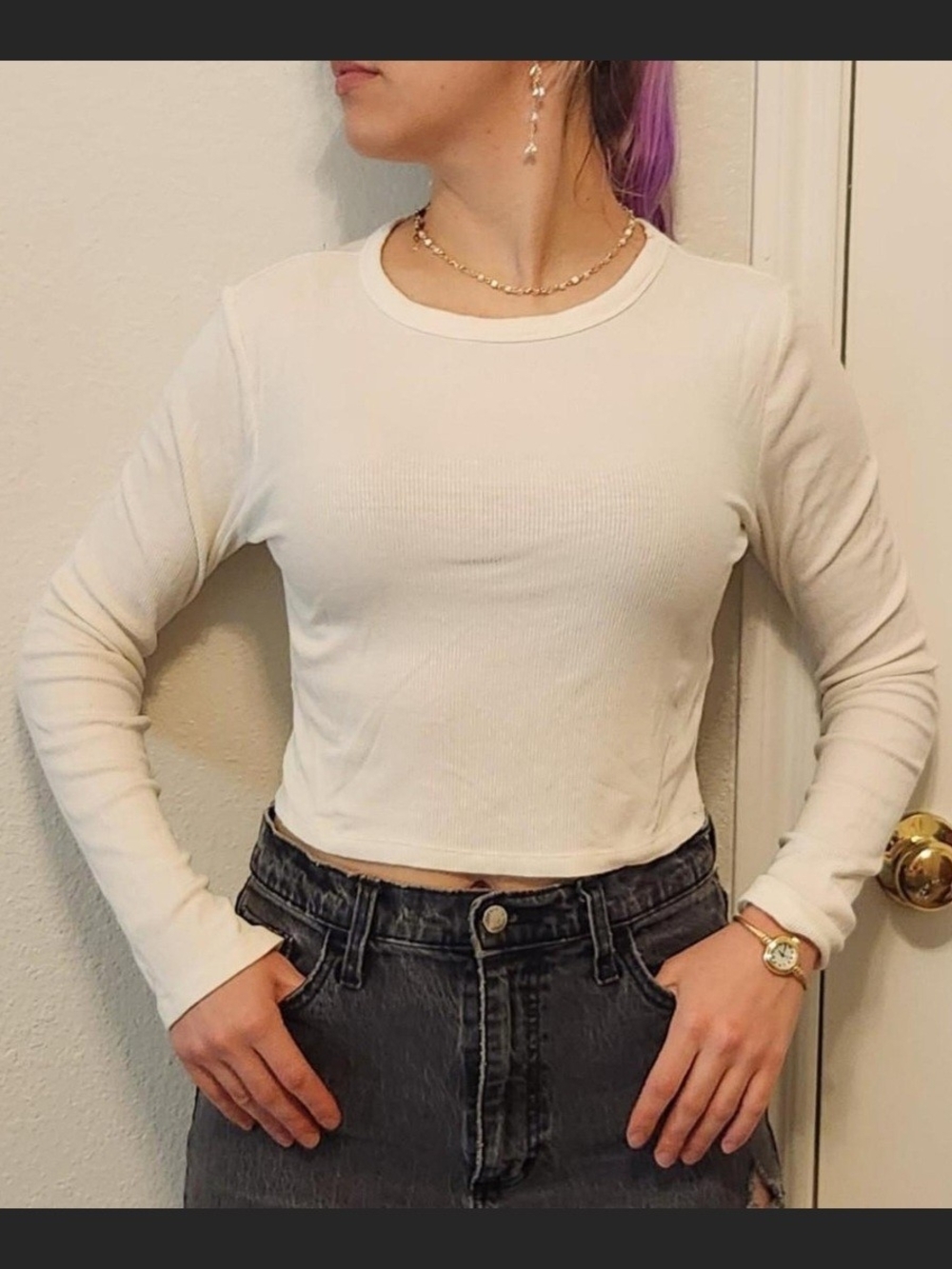 Forever 21 White Ribbed Long-Sleeve Cropped Crewneck Top Size Large